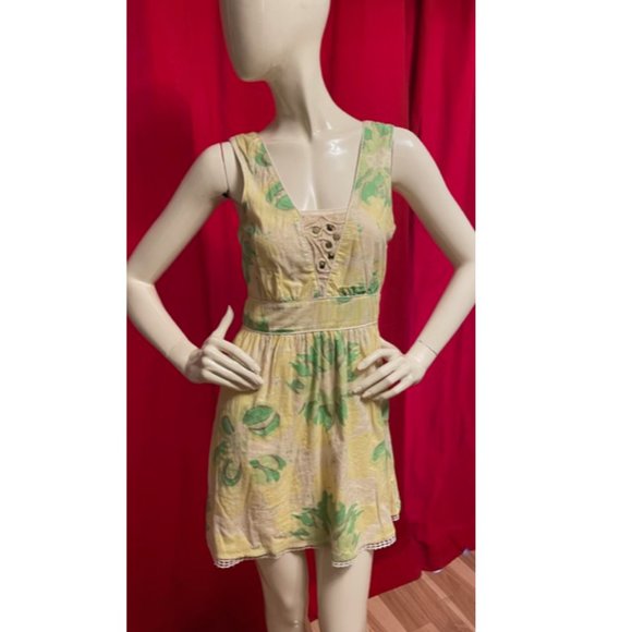 Free People Yellow Floral Print Cotton Mini Dress Size 4 - Picture 1 of 6